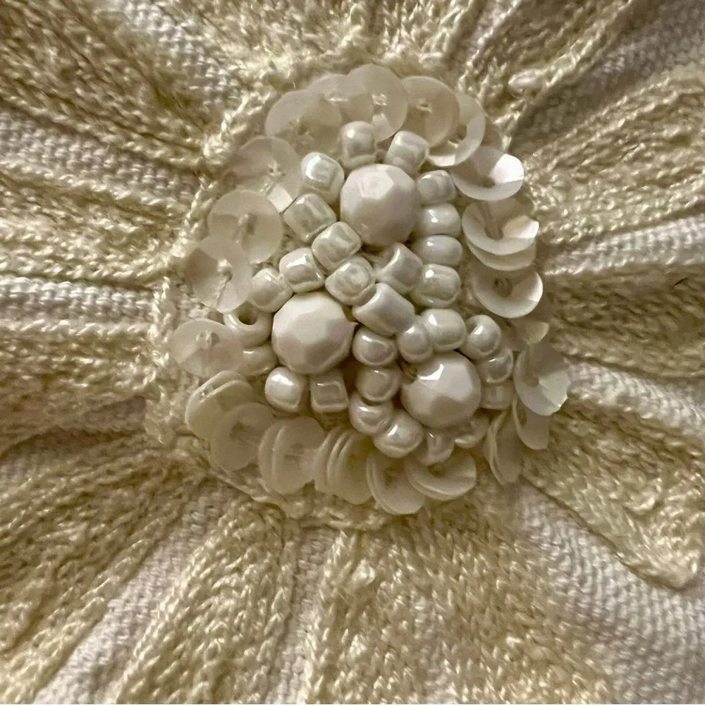 Pier 1 Imports Boho Floral Sequin Beaded White Embroidered Tassel Table Runner